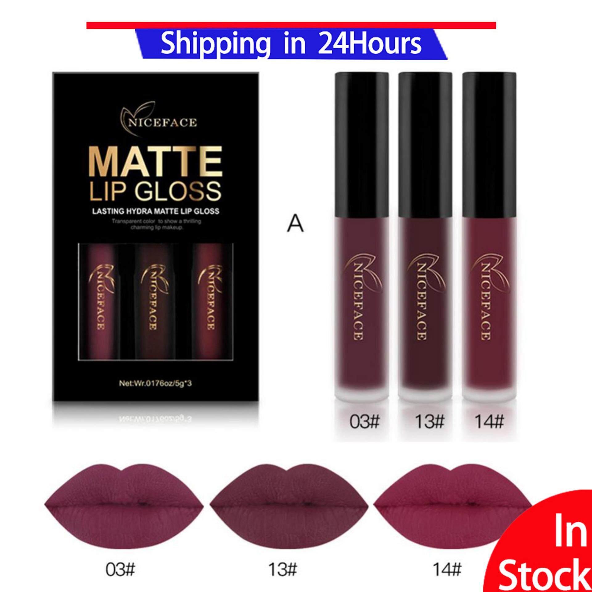 NICEFACE 3Pcs/Set Matte Lipgloss Lip Gloss Long Lasting Waterproof Liquid Lipstick (A)