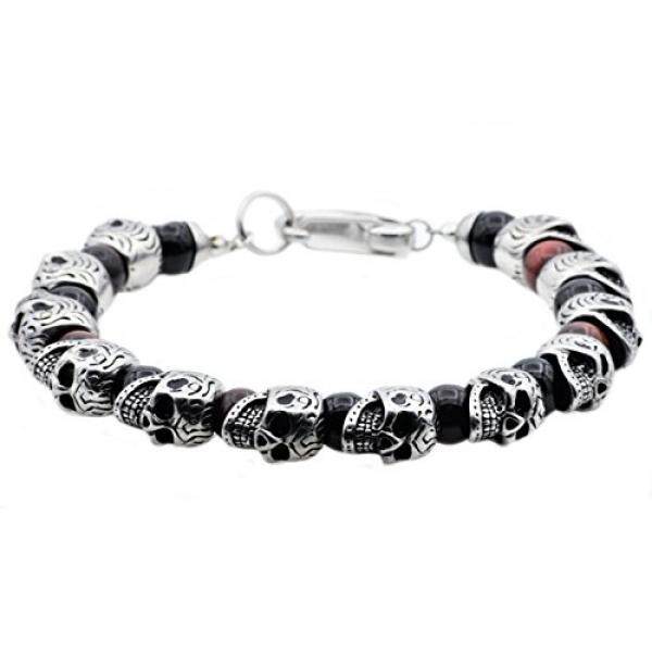 Blackjack Jewelry Mens Genuine Gemstone Stainless Steel Skull Bead Bracelet (Black/Red/Silver (Red tiger eye/Onyx))
