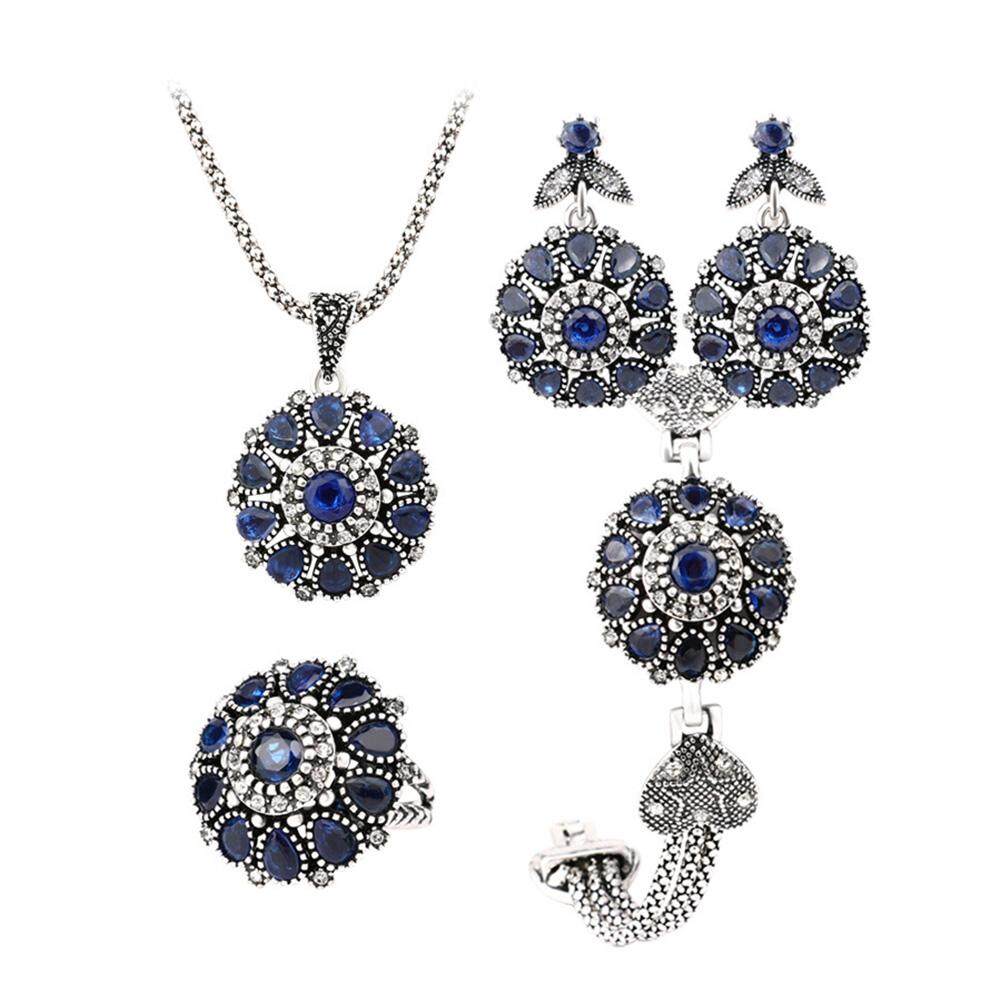 Bintang Mall Wanita Retro Perhiasan Elegan Resin Liontin Kalung + Berlian Buatan Menyilaukan Subang + Gelang + Cincin Model: cincin Biru-Internasional