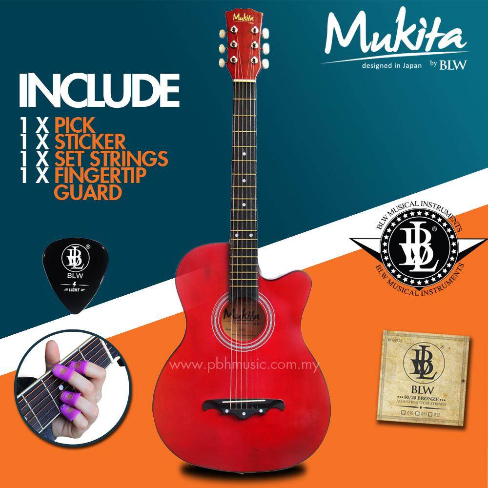 Mukita by BLW Standard Acoustic Folk Cutaway Basic Guitar Package 38 Inch for beginners with String Set, Fingertip Guard, Pick and Merchandise Sticker (Red)