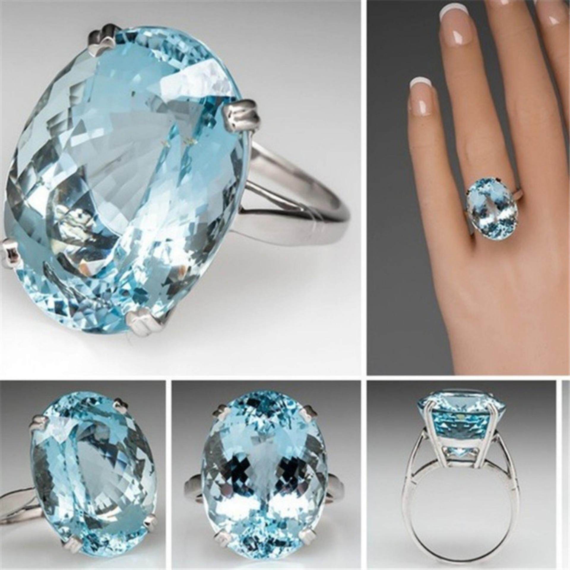 Runcing Wanita Lonjong Dipotong Aquamarine 925 Sterling Perak Perhiasan Pesta Hadiah-Internasional