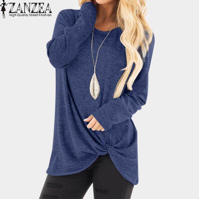 ZANZEA Women Casual Plus Size Front Knot Top T Shirt Tee Long Sleeve Blouse