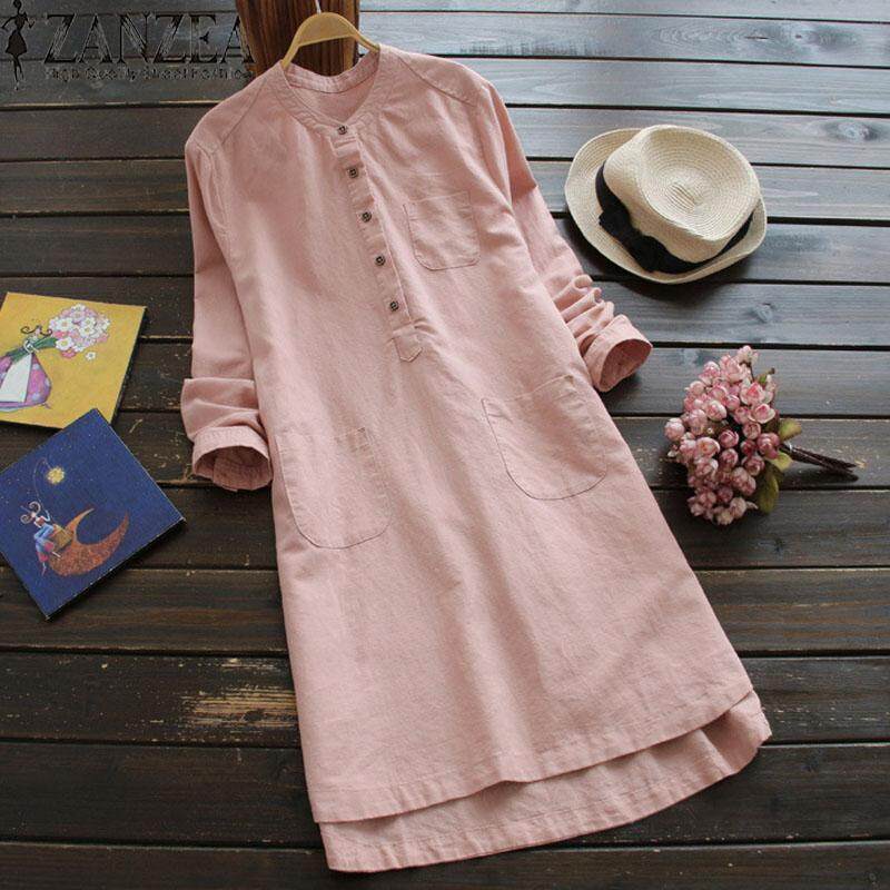 ZANZEA Long Top Solid Blouse Shirt Dress Women Long Sleeve Pockets Buttons Dress