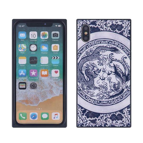 Tiongkok Gaya Persegi Kaca Telepon Case Porselen Biru dan Putih Ponsel Cangkang untuk iPhone X (Naga dan Phoenix)