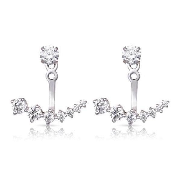 Sterling Perak & Rodium CZ Berlapis Jaket Anting Stud-Intl