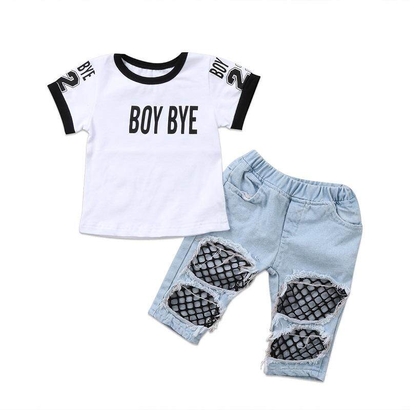 Bayi Perempuan Baru Lahir Kaos Atasan Lubang Mesh Celana Pendek Denim Pakaian Set Pakaian