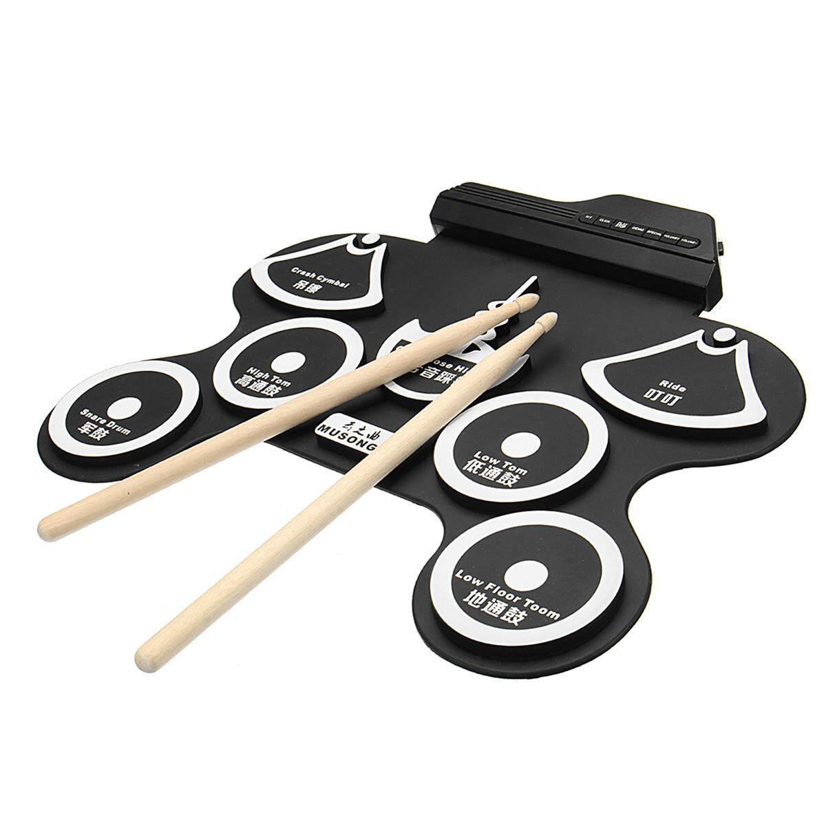 7 Pad Portable Electric Drum Record Stick Pad Silicon Electronic Roll Up Kit Set Black