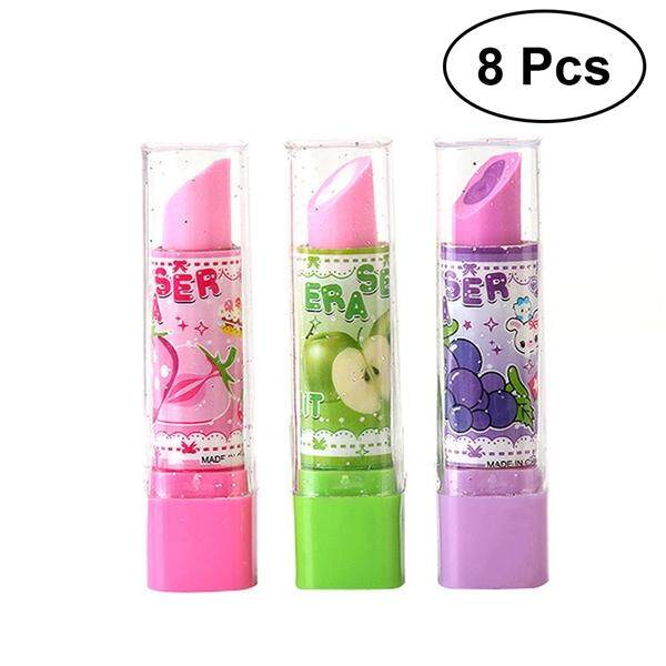 8 Pcs Lipstik Bentuk Penghapus Kertas Alat Tulis Kreatif Pola Buah Pensil Eraser Hadiah Kreatif untuk Anak-anak Siswa (Warna Acak)