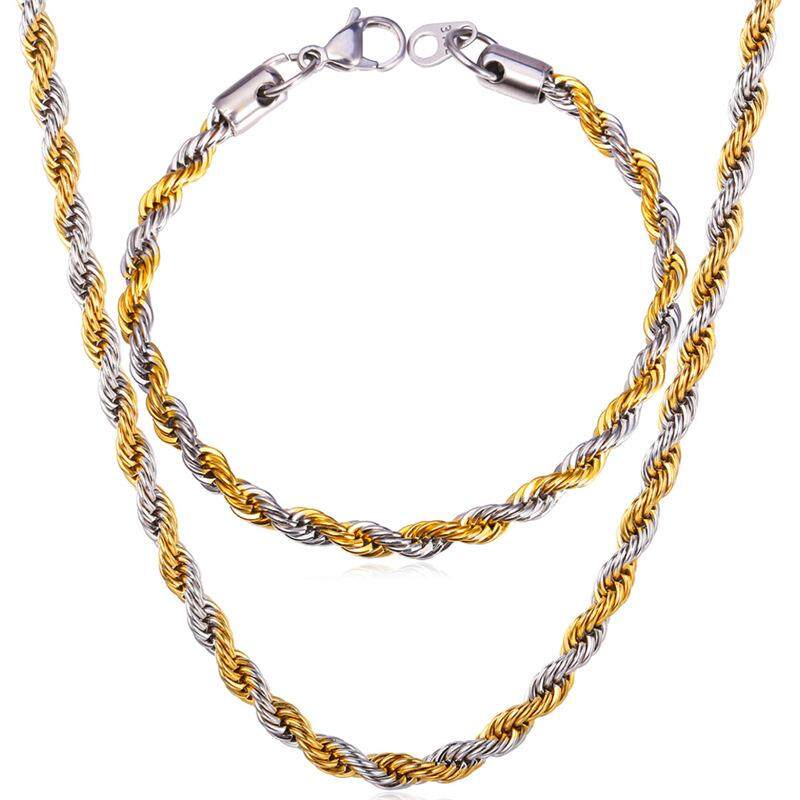 U7 Gold Berlapis Tali Rantai Kalung Gelang Set untuk Pria 2-Suara Pria Perhiasan Set Bengkok Singapura Anti Karat rantai