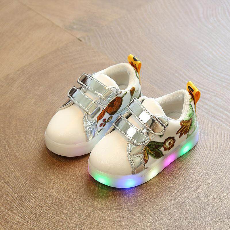 Amart Korea Modis Anak Sepatu Datar dengan LED Ringan Sulaman Perempuan Non-slip Sneakers Sepatu Kasual Pria-Internasional