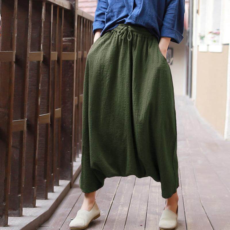 Zanzea Katun Linen Wanita Elastis Renda-Hingga Longgar Jatuh-Crotch Saku Harlan Hijau Tentara-Internasional