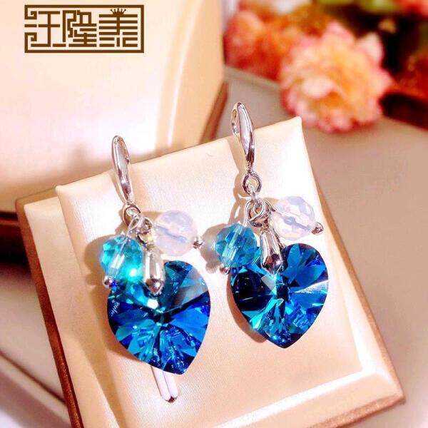 Loriha Air Jatuh Jantung Laut Anting-Anting Kristal Cinta Jantung Liontin Anting-Anting Baru Wanita Sederhana Warna Biru Anting-Anting Perak Biru Universal (Warna Perak Biru) -Internasional