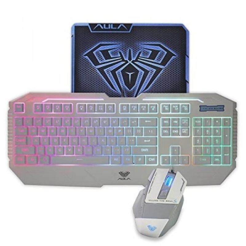AULA Rainbow LED Backlit Gaming Keyboard & Mouse Combo with Pro-Gaming Mousepad Included (White Color) - intl Singapore