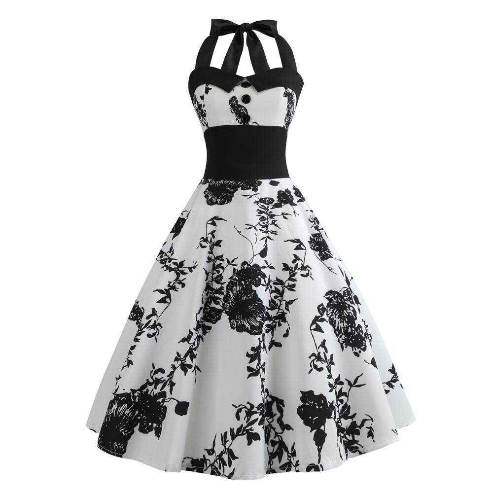 Women Vintage Printing Bodycon Sleeveless Halter Evening Party Prom Swing Dress