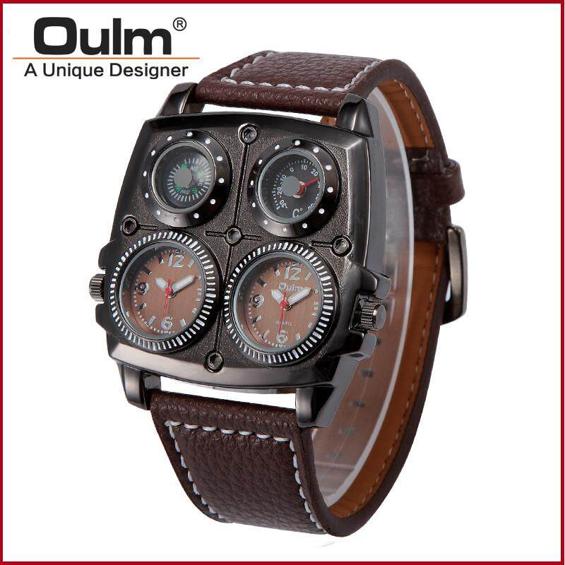 Oulm Pria Jam Tangan Olahraga Kasual Kuarsa Arloji Kulit Tali Oversize Militer Kompas 2 Zona Waktu DZ Jam Tangan Xmas hadiah HP1140