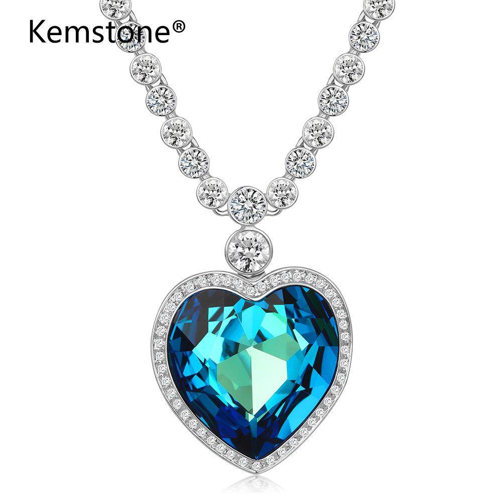Kemstone The Heart Of the Ocean Sapphire Rhinestone Silver Plated Pendant Necklace For Women, 19.5"