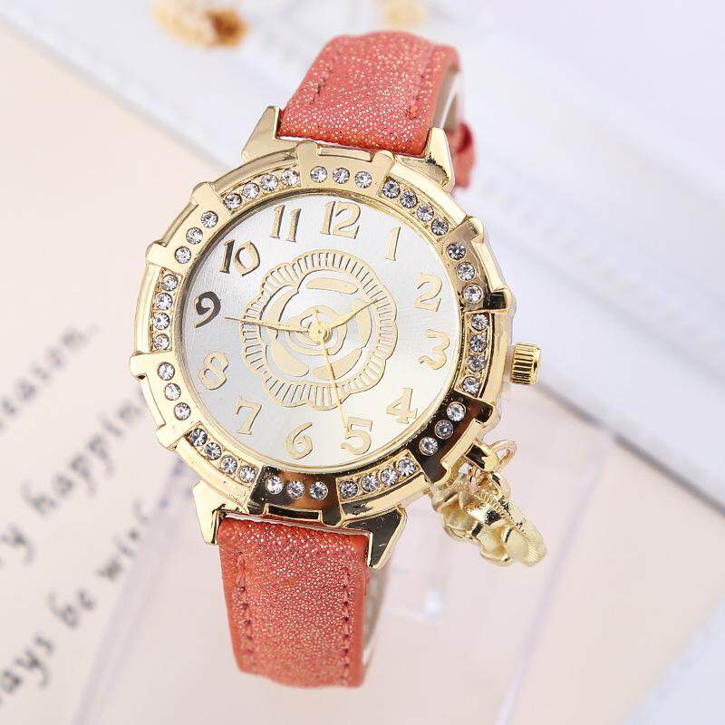 Mode Terkini Penuh Diamond Jam Tangan Modis Wanita Liontin Merah Muda Kepribadian Tren Jam Pelajar QUARTZ (Beige)