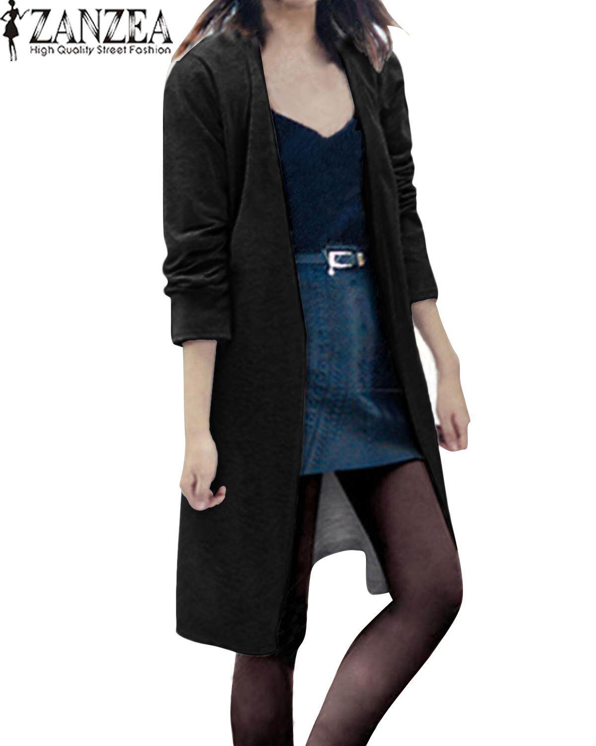 ZANZEA Fashion Women Long Sleeve Casual Loose Cardigan Long Jacket Trench Coat Parka Top (Black)