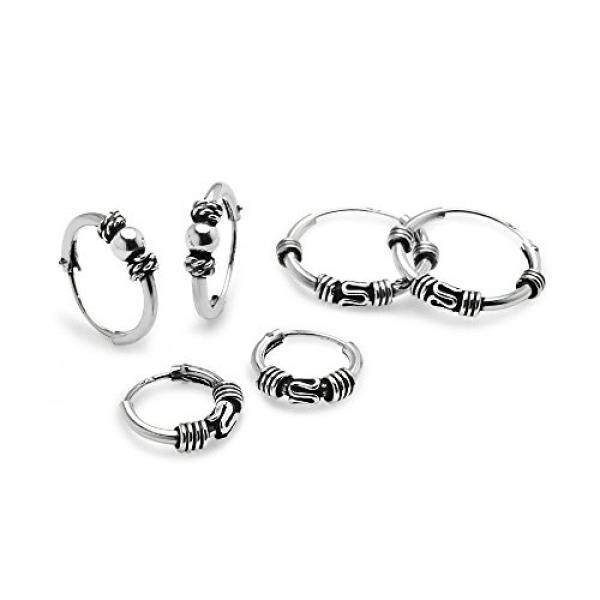 Hoops & Putaran Sterling Perak Set dari Tiga 10 Mm, 12 Mm & 14 Mm Bali Manik dan Bali Endless Hoop Anting-Anting-Internasional