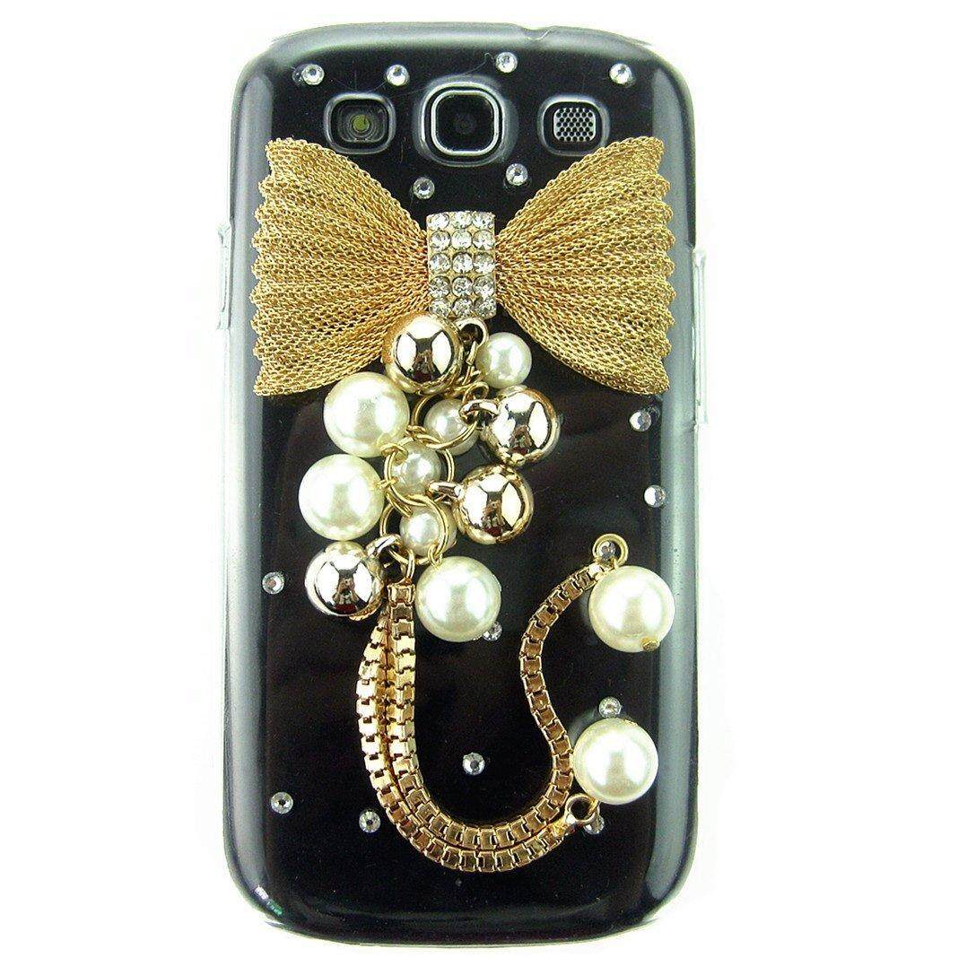 3D Kristal Buatan Tangan Busur Emas Bling Mutiara Transparan Kotak Keras Belakang Kulit Penutup untuk Samsung Galaxy S3 I9300-Intl