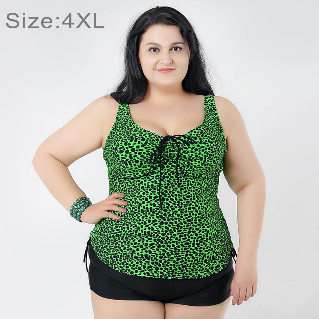 Mengumpulkan Dada Baju Renang Dua Potong Memisahkan Gaun & Celana Boxer Celana Pendek Bunga Cetak Berukuran Lebih Swimsuits untuk Wanita Gemuk, ukuran: 4XL (Hijau)-Internasional