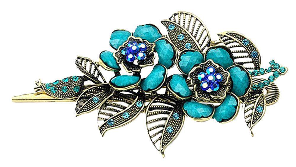 Womdee Charm Rose Flowers Alligator Hair Clips,Antique BronzeLight Blue