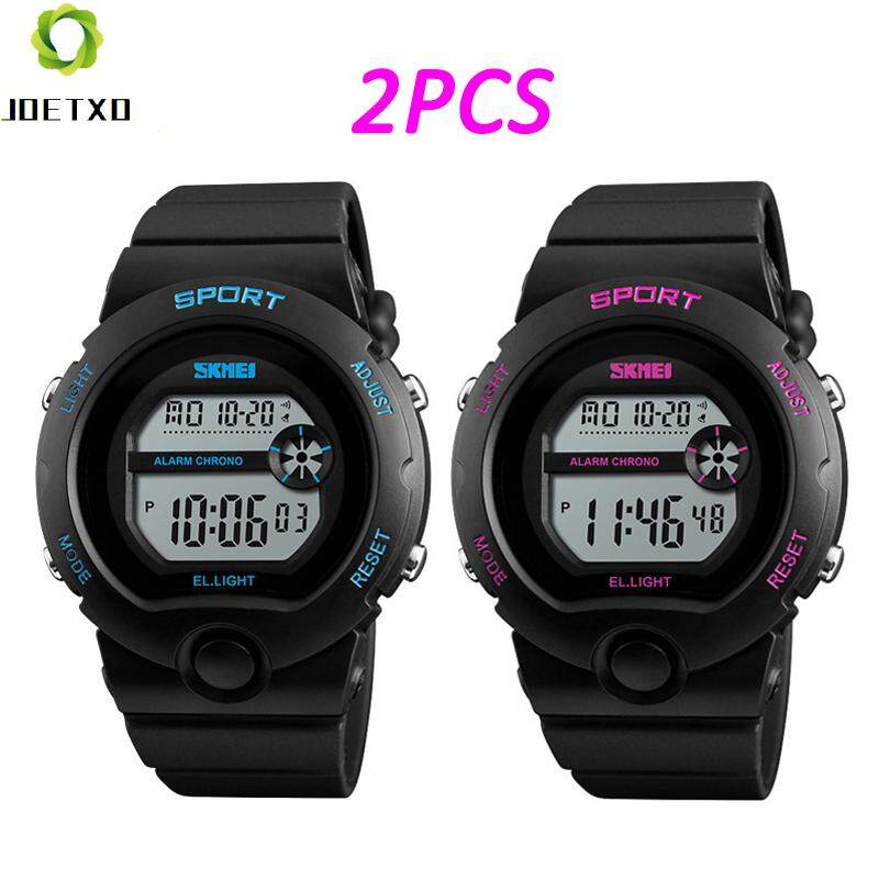 2 Pcs/set SKMEI 1334 Wanita Modis Jam Tangan Tahan Air Alarm Chrono Digital Wanita Luar Ruangan Olahraga Pergelangan Tangan Jam Tangan (Biru + merah Muda)
