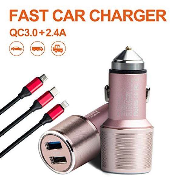Pengisi Daya Mobil Cepat, Lindon-tech (QC3.0 + 2.4A) Cepat Mobil Pengisi Daya, aluminium Ganda Usb Mobil Pengisi Daya, Darurat Logam Keamanan Palu, dengan 3 Dalam 1 Kabel USB (3.8ft) untuk Samsung, Iphone-Mawar Emas-Internasional