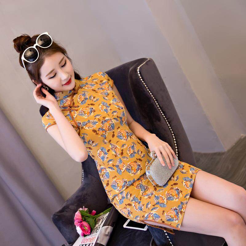 Cheongsam New Spring Summer Wear Jacquard Cotton Retro Improvement Daily Short Style Slim Dress Girl's Graduation Dress.