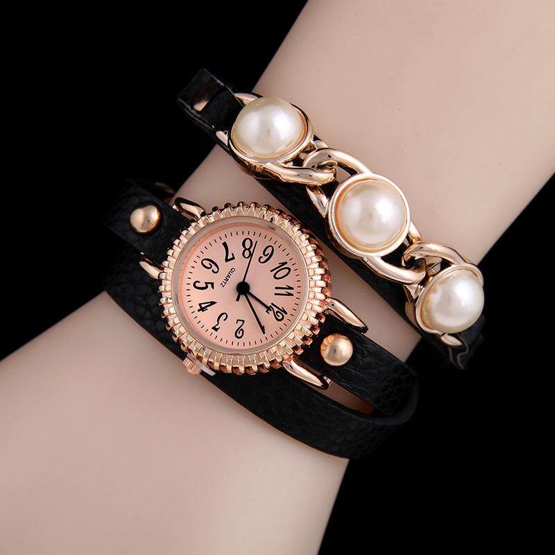 Pearl PU winding watch lychee pattern ladies bracelet watch three times winding quartz watch(green)