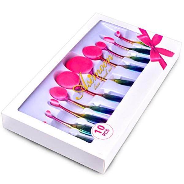 Lonjong Riasan Kuas Set, 10 Pcs Lonjong Brushes untuk Pemula atau Riasan Artist Riasan Kuas Perlengkapan untuk Foundation Contour Bubuk Tersipu Malu Conceler Eyeliner pencampur Kuas Dikemas dengan Kotak-Internasional