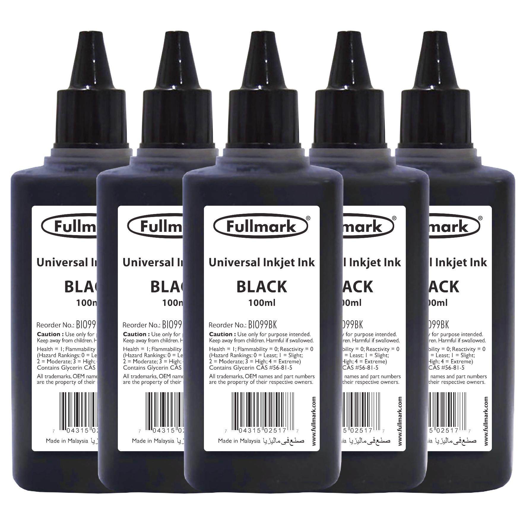 Fullmark Ink Refill Universal Inkjet for Canon / HP / Epson / Brother / Lexmark Printer , 5 x 100ml - Black (BI099)