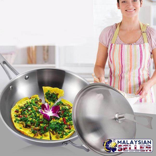 30cm Portable Stainless Steel Wok Frying Pan with Lid