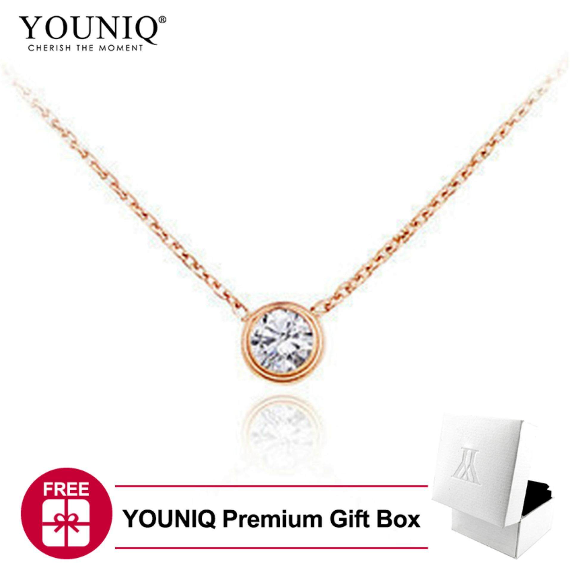 YOUNIQ CZ 14K Rosegold Round Dot Titanium Steel Necklace with White Cubic Zirconia Stone