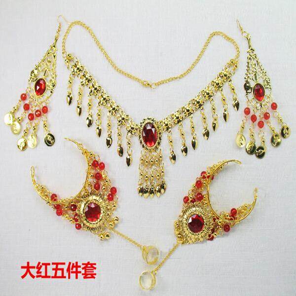 Perut Menari Performa Aksesori Tari India Perhiasan Dansa Aksesoris Enam Potong Bulang Anting Gelang Kalung Berwarna Merah Enam kepingan (Merah Lima Set) -Internasional