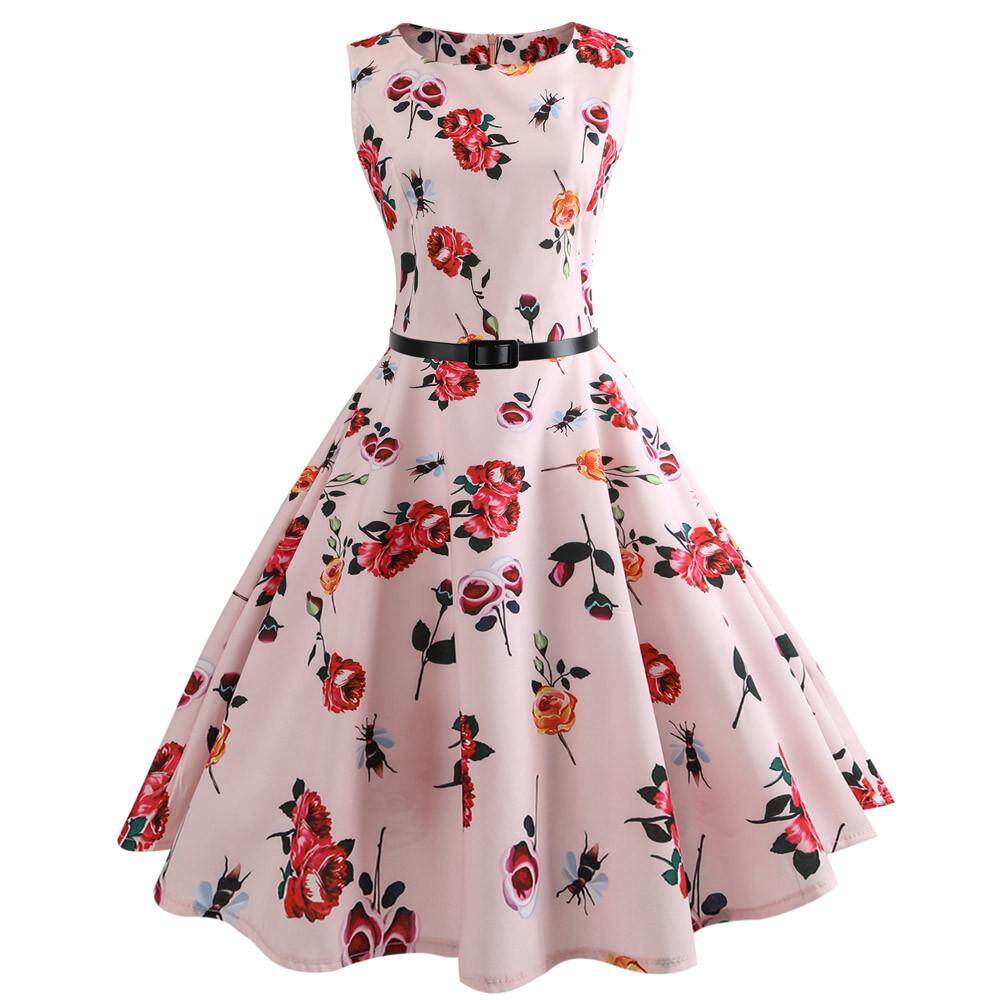 Dress Women Vintage Printing Bodycon Sleeveless Casual Evening Party Prom Swing Dress Sousashop