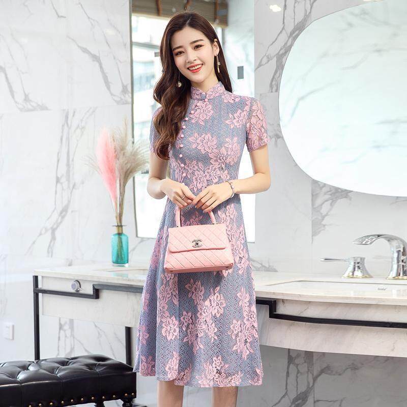 Free Shipping La Fashion Vintage Floral Lace Cheongsam Dress with Long Slim Short Sleeve A-Line Dress