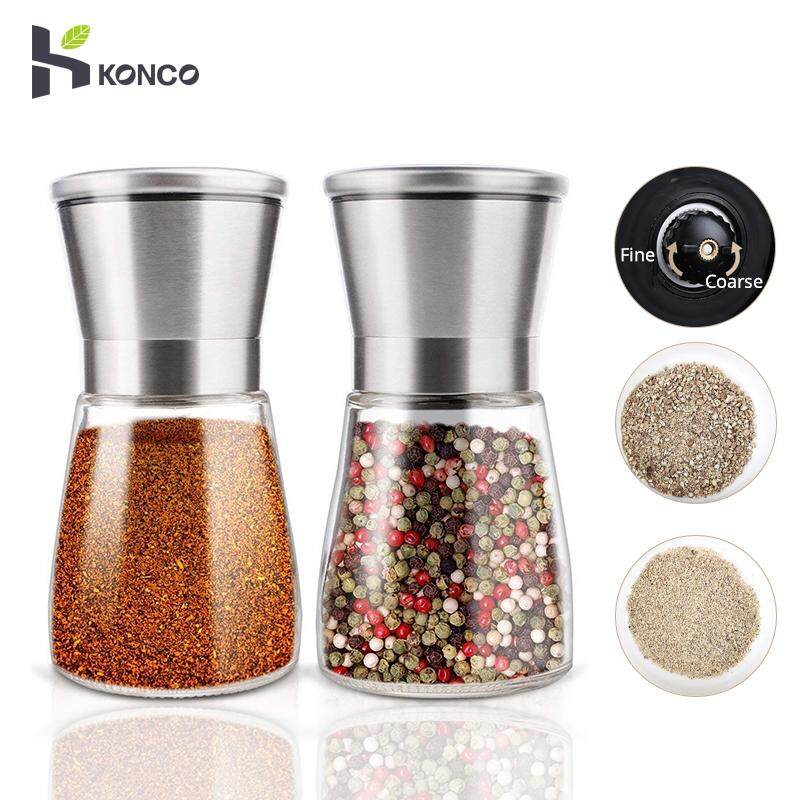 KONCO 2Pcs Salt and Pepper Grinder Set, Stainless Steel Salt Mills with Adjustable Ceramic, Manual Spice Shakers for Steak with Glass Body