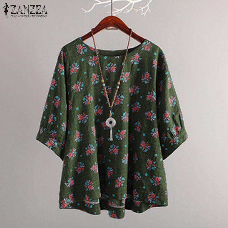 ZANZEA Women Casual Loose Retro Boho Floral Print Top Tee T Shirt Blouse