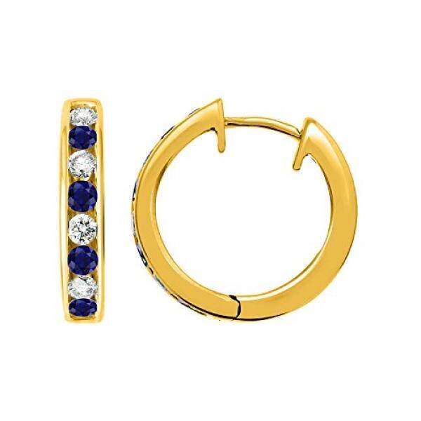 Igi Certified 14 K Kuning Gold Hoop Huggies Anting-Anting dengan Berlian & Biru Safir Warna Stone (1/2 Karat) -Internasional