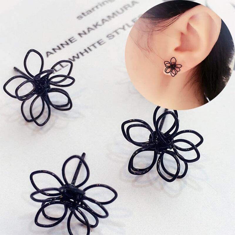 Bulgari Japanese and Korean fashion knit multilayer double three-dimensional black flower earrings female Korean version of the sweet simple temperament earrings earrings accessories - intl