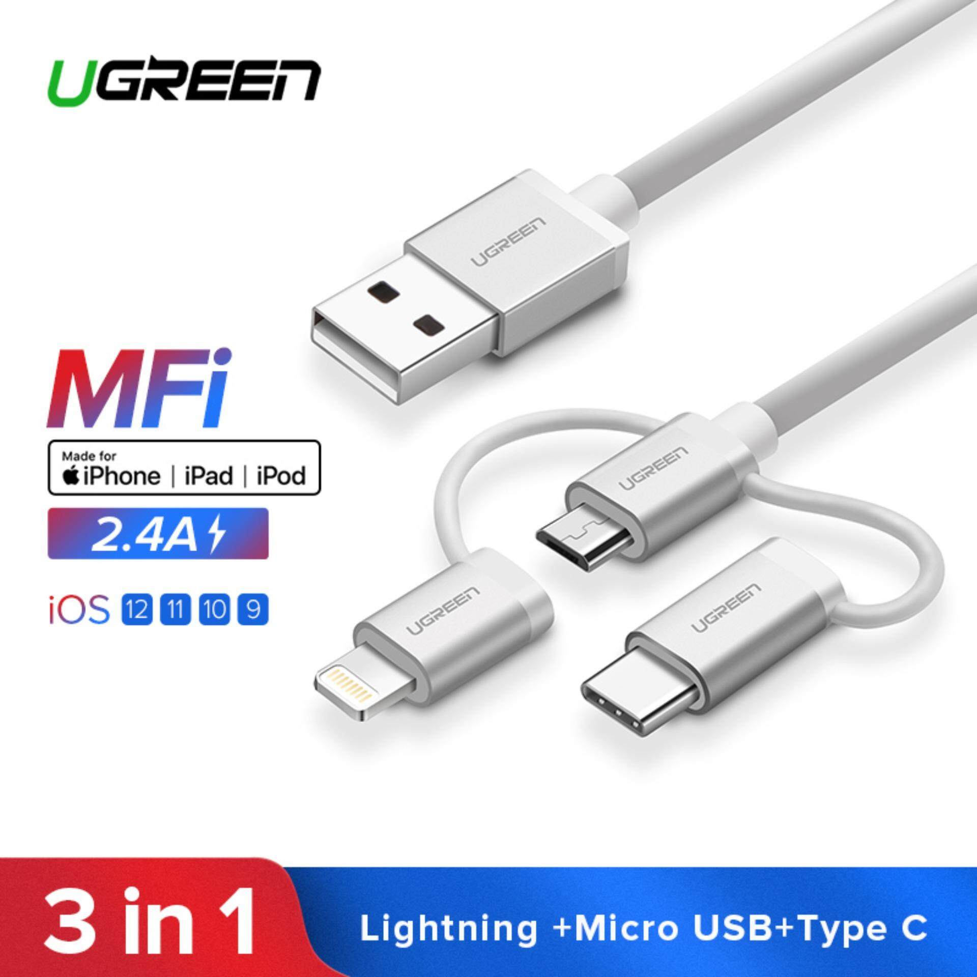 UGREEN 0.5Meter Multi USB Cable Micro Lightning and USB C 3 in 1 Charger Multiple USB Charging Cord for iPhone, Samsung Phone and Other iOS Android Cell Phone