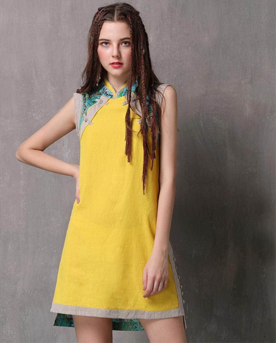 New Suit Of Women's Wear Summer Buckle Improved Cheongsam Ancient Cotton Linen Vest Qipao Dress