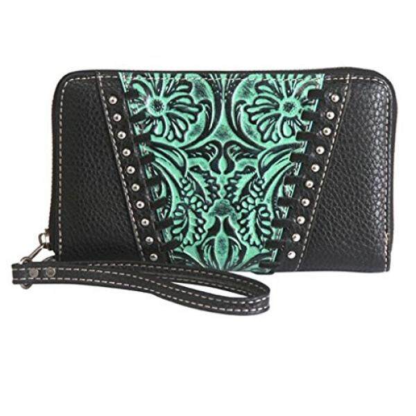 Montana West Accordion Wallet Wristlet Clutch w Key Chain (Turquoise Tooled Trinity Ranch Leather) - intl