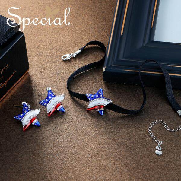 Khusus Eropa dan Amerika Serikat Pentagram Bintang Kalung Anting-Anting Beludru Choker Set Crossing Wanita California Hari Berat Sekitar 4.01G/PER (Anting-Anting Kalung Set) -Internasional