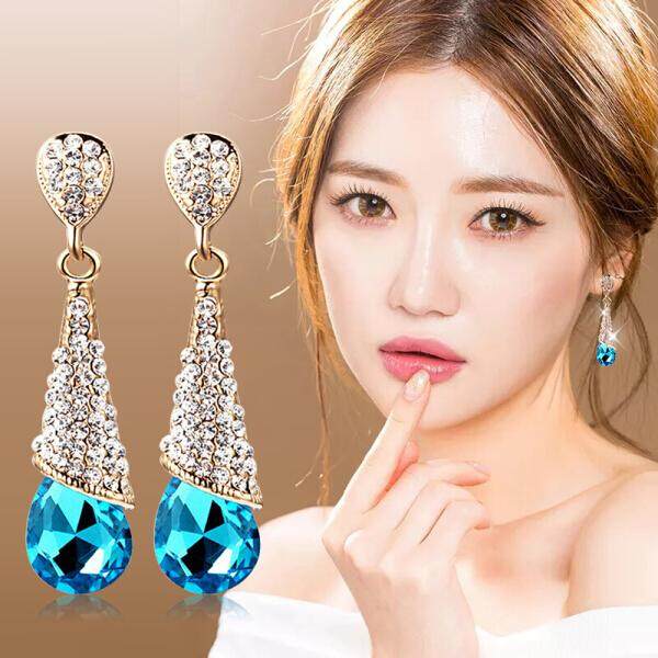 Sangma Er Kuku Wanita Kristal Imitasi Anting-Anting Model Wanita Anting-Anting Panjang Bagian Anting-Anting Jepang dan Korea Selatan Modis Perhiasan E1603 air Lotus Merah (Laut Biru) -Internasional