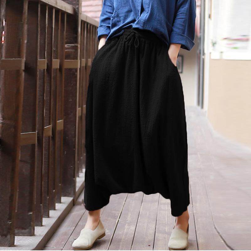 Zanzea Katun Linen Wanita Elastis Renda-Hingga Longgar Jatuh-Crotch Saku Harlan Hitam-Internasional
