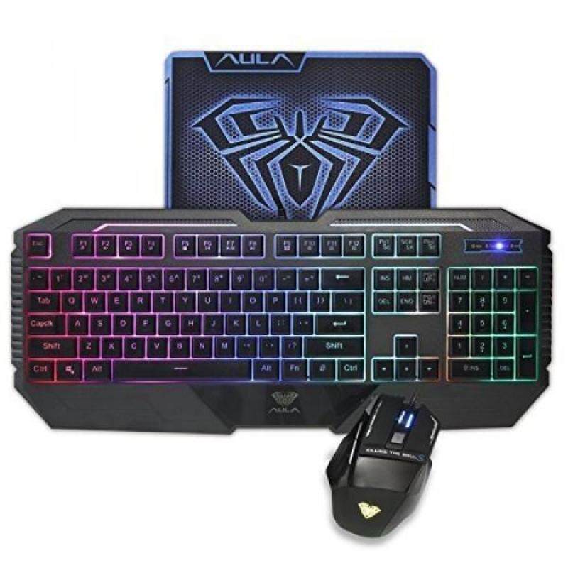 AULA Rainbow LED Backlit Gaming Keyboard & Mouse Combo with Pro-Gaming Mousepad Included (Black) - intl Singapore