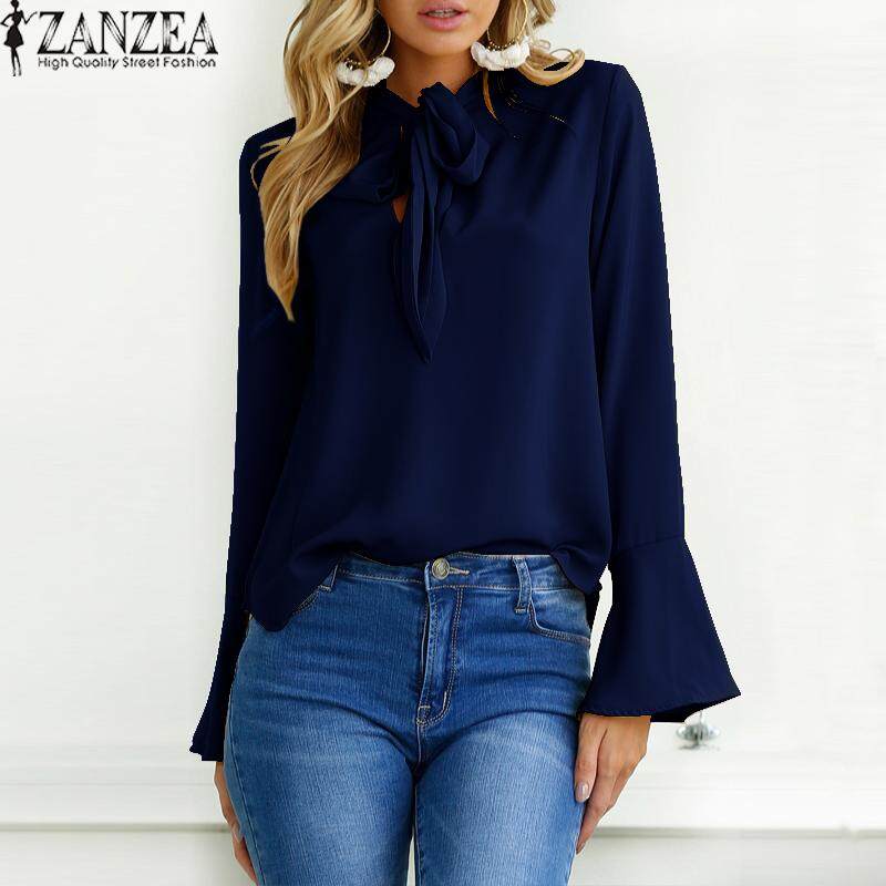 ZANZEA Oversized Women Solid Long Flare Sleeve Lace Up Bow Tie Loose Chic Pullover Fashion Leisure Baggy Party Brief Blouse