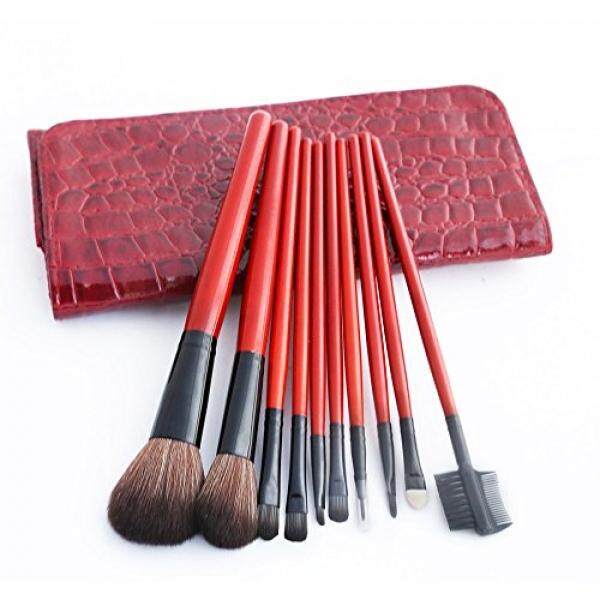 Diolan Riasan Brushes Set 10 Piece Sintetis Premium Wajah Foundation Bubuk Concealer Eyeshadow Eyeliner Membuat Hingga Kuas Perlengkapan Wood pegangan Pu untuk Pemula Perjalanan-Tas Merah-Internasional